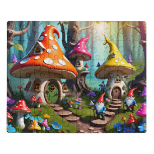 Whimsical Mushroom Village with Gnomes in Enchante Jigsaw Puzzle