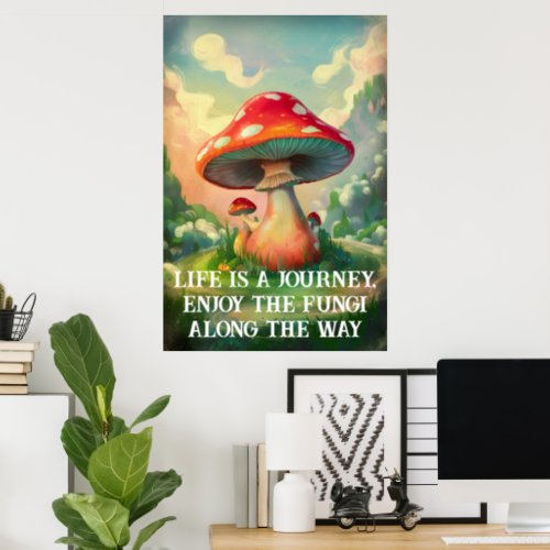 Whimsical mushroom with dreamlike landscape  poster