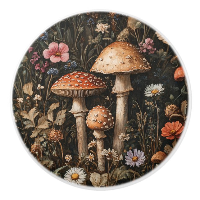 Whimsical Mushrooms and Wildflowers Botanical Ceramic Knob (Front)