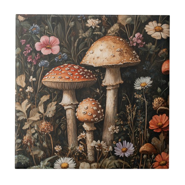 Whimsical Mushrooms and Wildflowers Botanical Ceramic Tile (Front)
