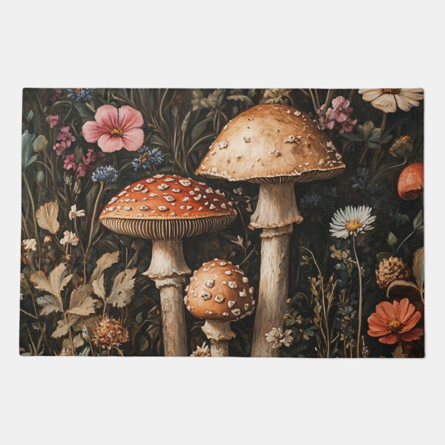 Whimsical Mushrooms and Wildflowers Botanical Doormat (Front)