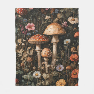 Whimsical Mushrooms and Wildflowers Botanical Fleece Blanket