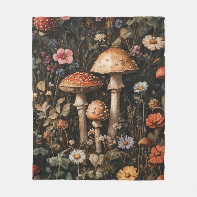 Whimsical Mushrooms and Wildflowers Botanical Fleece Blanket (Front)