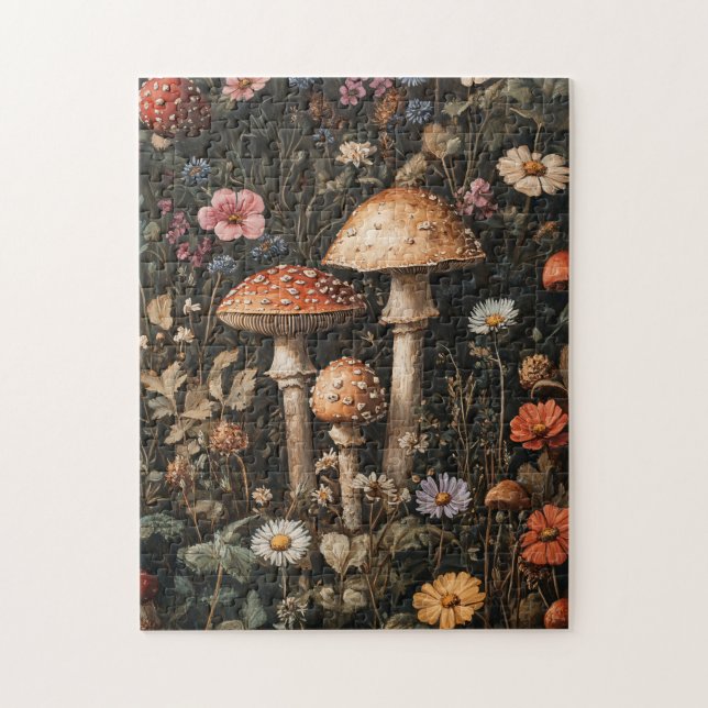 Whimsical Mushrooms and Wildflowers Botanical Jigsaw Puzzle (Vertical)