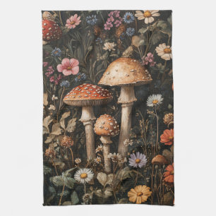 Whimsical Mushrooms and Wildflowers Botanical Kitchen Towel