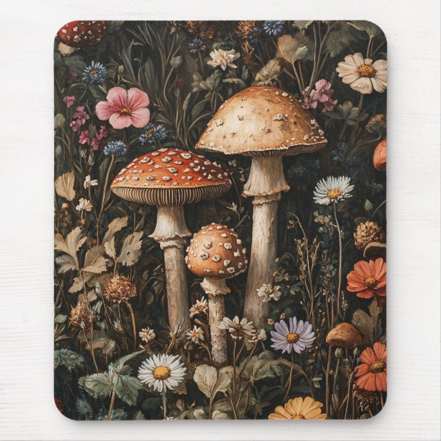Whimsical Mushrooms and Wildflowers Botanical Mouse Pad (Front)
