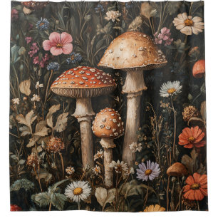 Whimsical Mushrooms and Wildflowers Botanical Shower Curtain