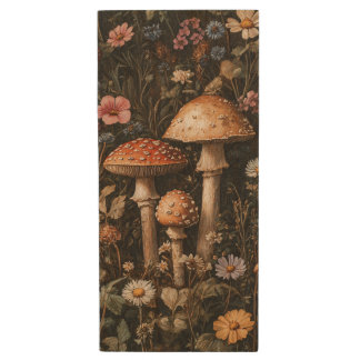 Whimsical Mushrooms and Wildflowers Botanical Wood Flash Drive