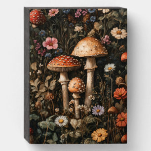 Whimsical Mushrooms and Wildflowers Botanical Wooden Box Sign
