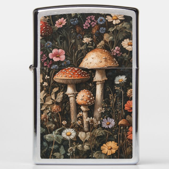 Whimsical Mushrooms and Wildflowers Botanical Zippo Lighter (Front)