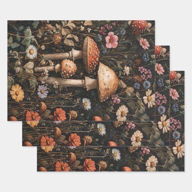 Whimsical Mushrooms and Wildflowers Decoupage Wrapping Paper Sheets (Set)