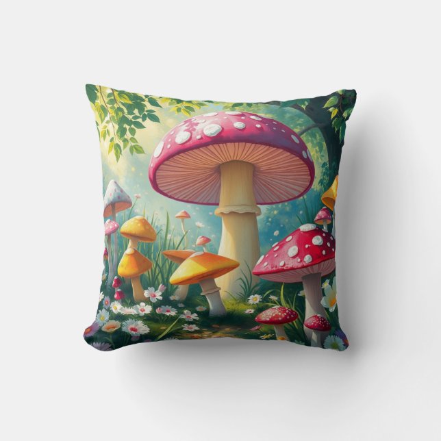 Whimsical Mushrooms Enchanted Forest  Throw Pillow (Front)