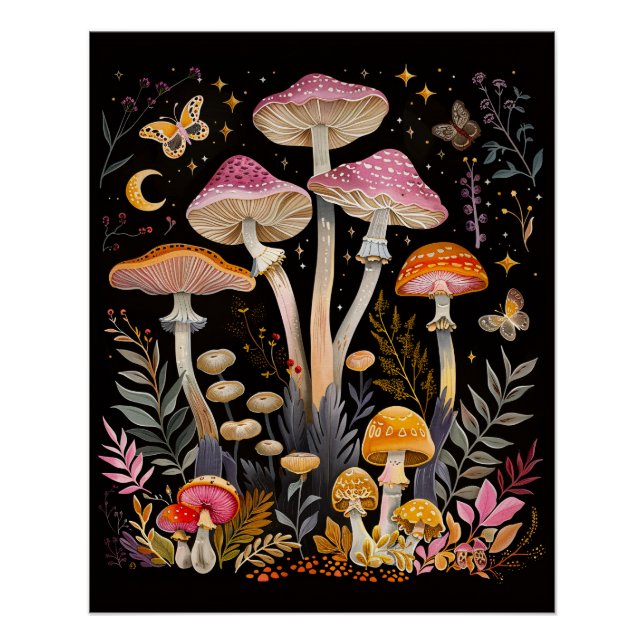 Whimsical Mushrooms Moths and Moon Poster (Front)