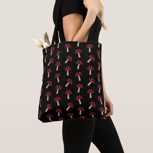 Whimsical Mushrooms Red And Black Pattern Tote Bag (Close Up)