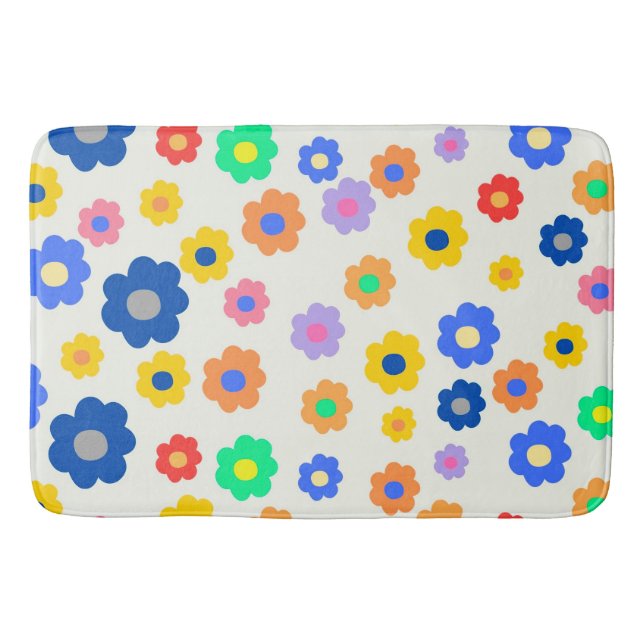 Whimsical Mustard & Black Floral Retro Cheerful Bath Mat (Front)