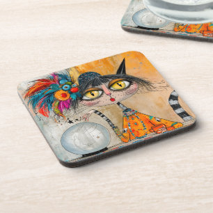 Whimsical Mystic Fortune Teller Cat Beverage Coaster