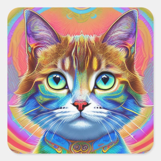 Whimsical Mystical Colorful Cat Square Sticker (Front)