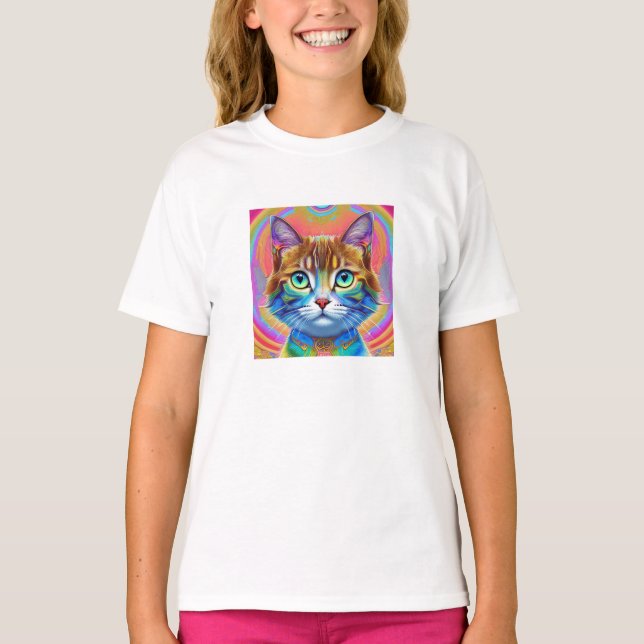 Whimsical Mystical Colorful Cat T-Shirt (Front)