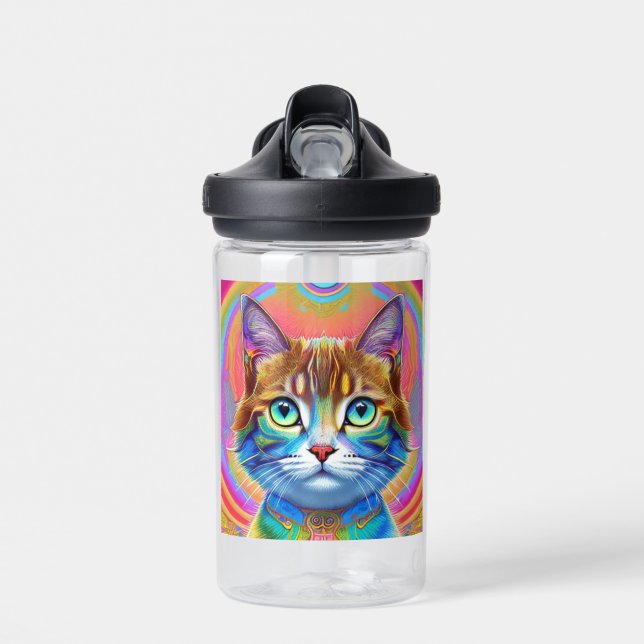 Whimsical Mystical Colorful Cat Water Bottle (Front)