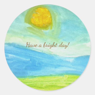 Whimsical Naive Art Sun Landscape Classic Round Sticker