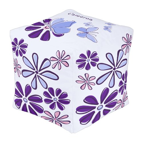 Whimsical Name Purple Blue Floral Butterfly Doodle Pouf