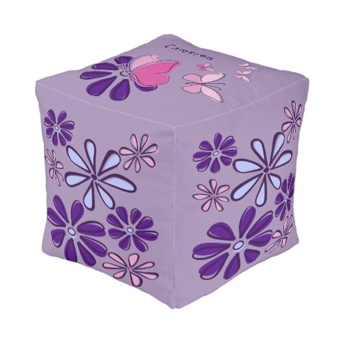 Whimsical Name Purple Floral Butterfly Doodle Cube Pouf