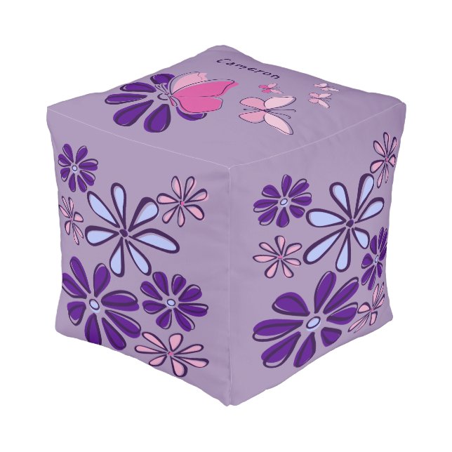 Whimsical Name Purple Floral Butterfly Doodle Cube Pouf (Angled Front)