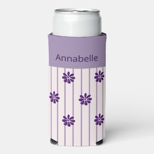 Whimsical Name Violet Stripes and Purple Flowers Seltzer Can Cooler