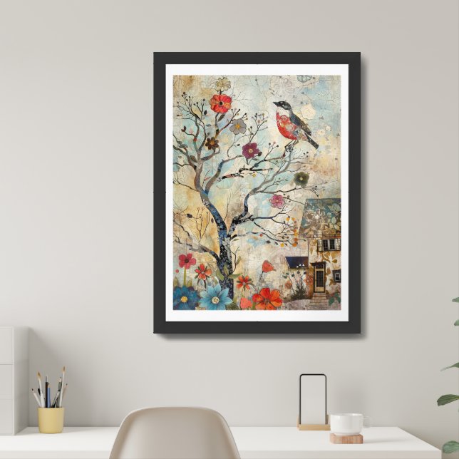 Whimsical Nature Illustration Bird Flowers AI  Framed Art (Home Office)