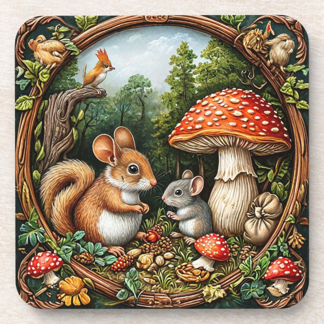 Whimsical Nature Scene With squirrel Beverage Coaster (Front)