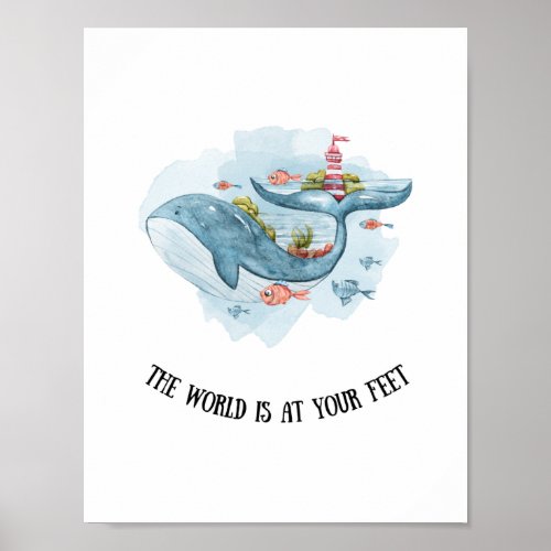 Whimsical Nautical Cute Blue Whale Wall Art Print