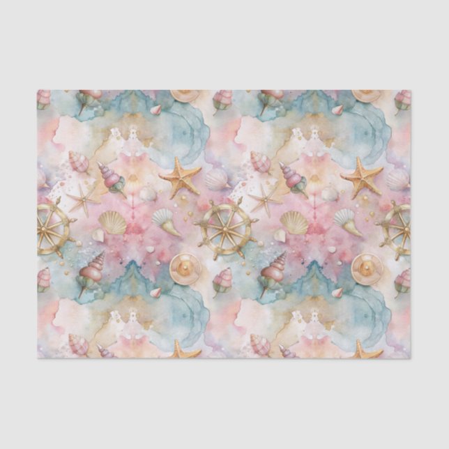 Whimsical Nautical Seashells Pink Decoupage Tissue Paper (Front)