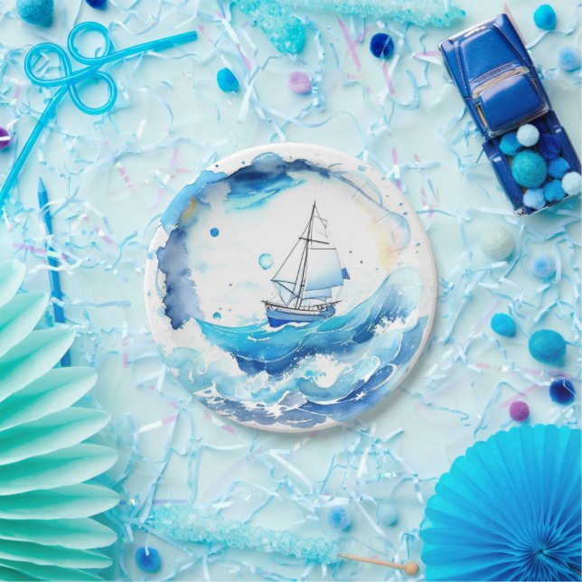Whimsical Nautical Watercolor Boy Baby Shower Paper Plates (Party)