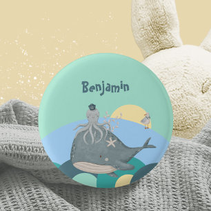 Whimsical Nautical Whale Octopus Green Baby Shower Button