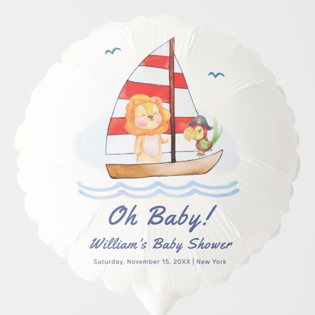 Whimsical Nautical Wild Lion Sailboat Baby Shower  Balloon (Front)