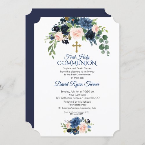 Whimsical Navy Blue Blush Flowers First Communion Invitation