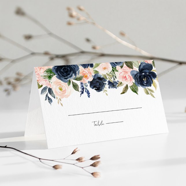Whimsical Navy Blue & Blush Pink Floral Wedding Place Card (Whimsical Navy Blue & Blush Pink Floral Wedding Place Card)