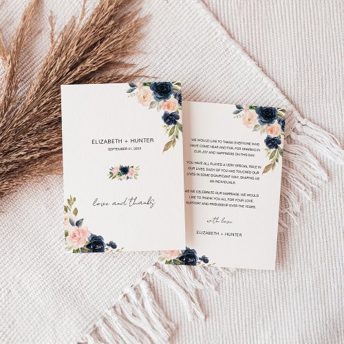 Whimsical Navy Blue  Blush Pink Floral Wedding Thank You Card