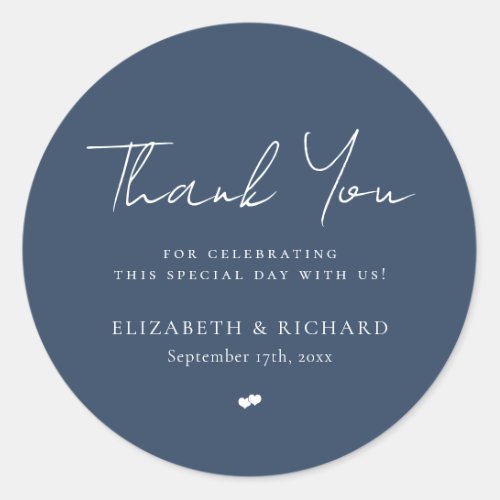 Whimsical Navy Blue Script Thank You Wedding Classic Round Sticker