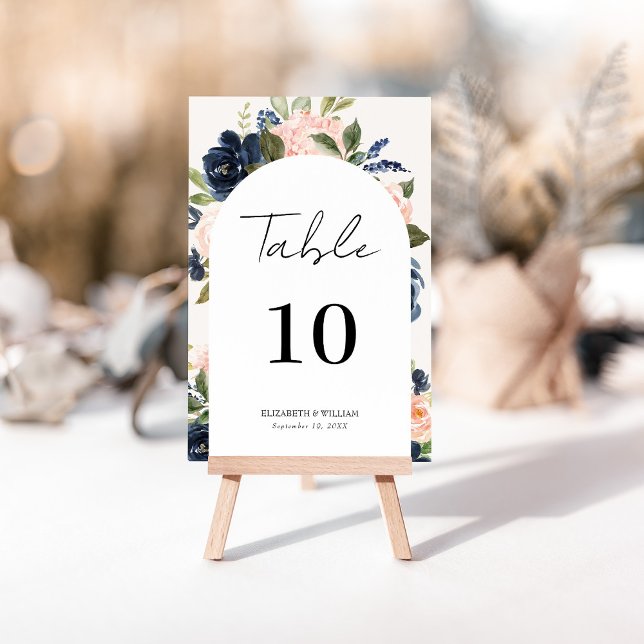 Whimsical Navy & Blush Floral Script Wedding Table Number (Creator Uploaded)