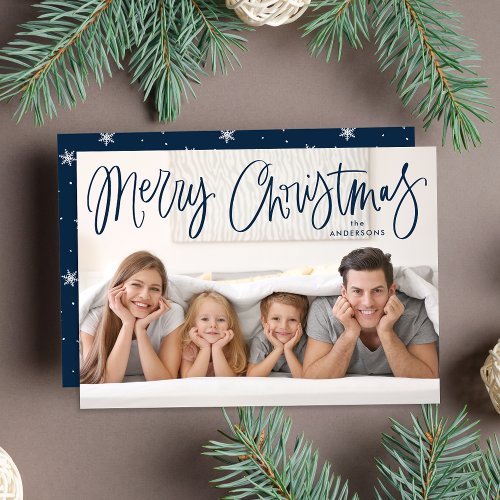 Whimsical Navy Script Merry Christmas Photo Holiday Card