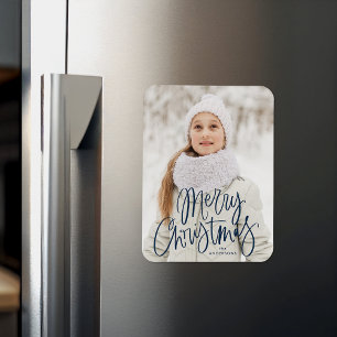 Whimsical Navy Script Merry Christmas Photo Magnet