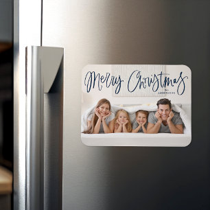 Whimsical Navy Script Merry Christmas Photo Magnet