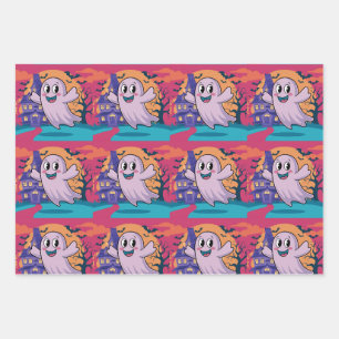 Whimsical Neon Ghost, Candy Corn, Witch, Halloween Wrapping Paper Sheets