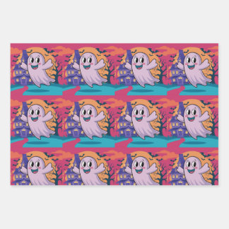Whimsical Neon Ghost, Candy Corn, Witch, Halloween Wrapping Paper Sheets
