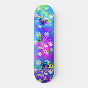 Whimsical Neon Wonderland Flowers Butterflies Skateboard
