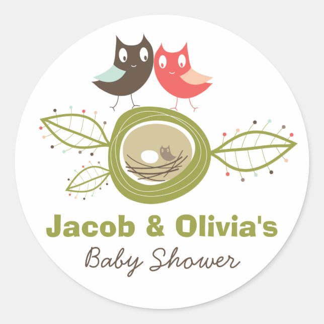 Whimsical Nesting Owl Family Baby Shower Sticker (Front)