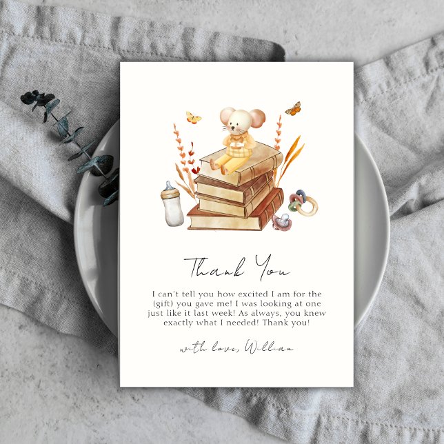 Whimsical Neutral Boho Book Mouse Baby Shower  Thank You Card (Whimsical Neutral Boho Book Mouse Baby Shower Thank You Card)