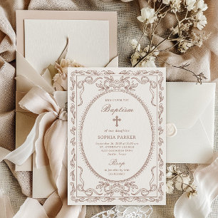 Whimsical Neutral Taupe Coquette Frame Baptism Invitation