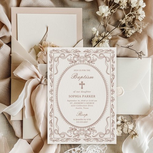 Whimsical Neutral Taupe Coquette Frame | Baptism Invitation